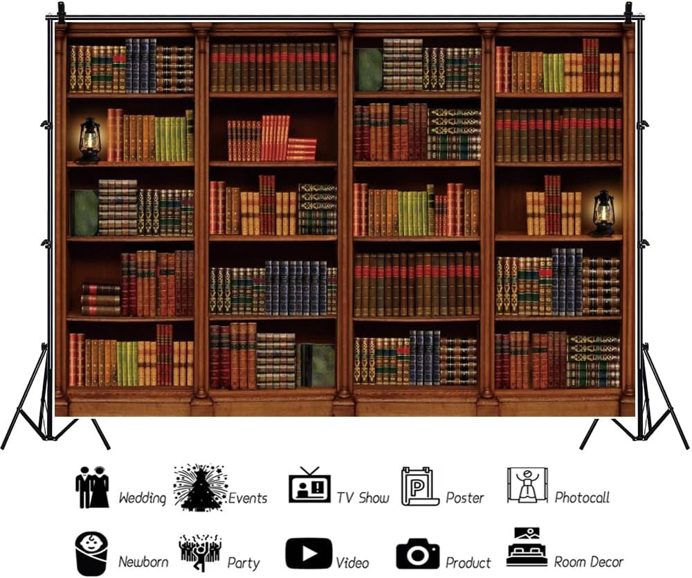 Vintage Wooden Bookshelf Backdrop for Photography 8X6Ft Library Books