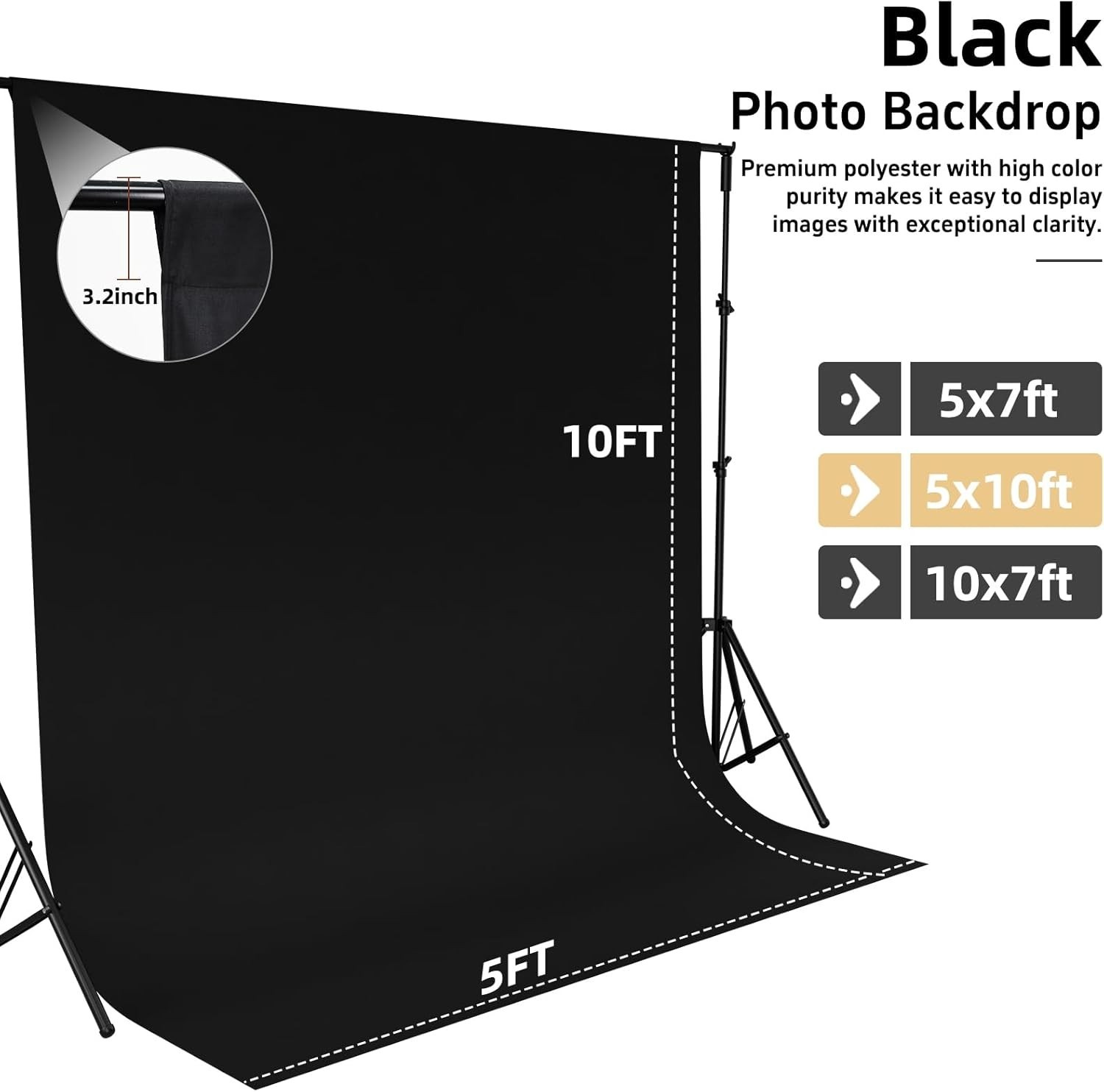 5×10 FT Black Photo Backdrop – Durable, Machine Washable for Studio and Events