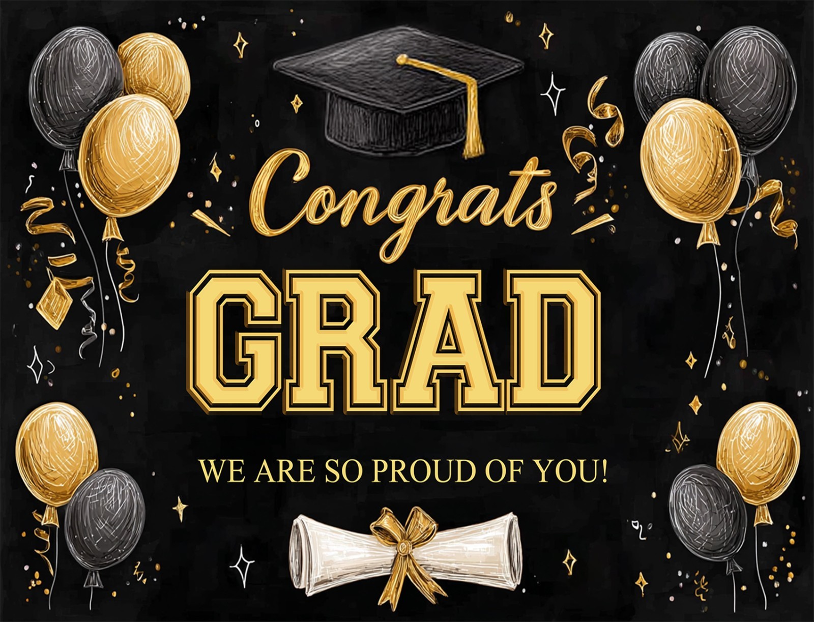10x8ft Black and Gold Graduation Backdrop Banner Bachelor’s Cap Photo Background