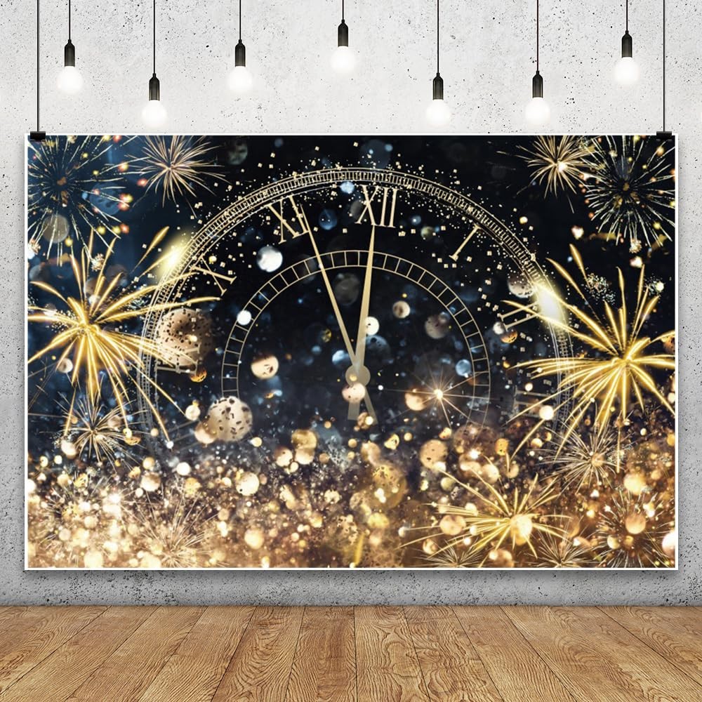 Vinyl Happy New Year Backdrop 10×8 Ft Clock Golden Fireworks Glitter Dots