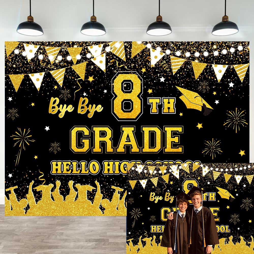 Bye Bye 8th Grade Hello High School Backdrop 7x5ft Graduation Black Gold