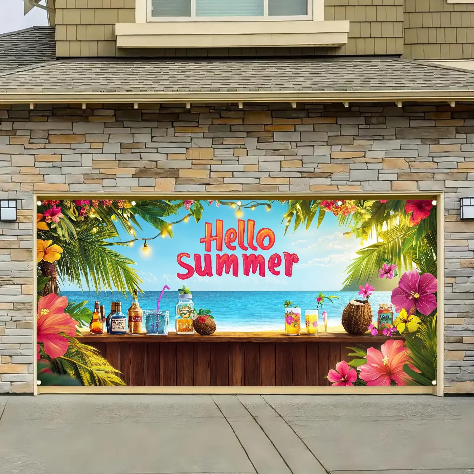 Hello Summer Hawaiian Garage Door Banner 13x6ft