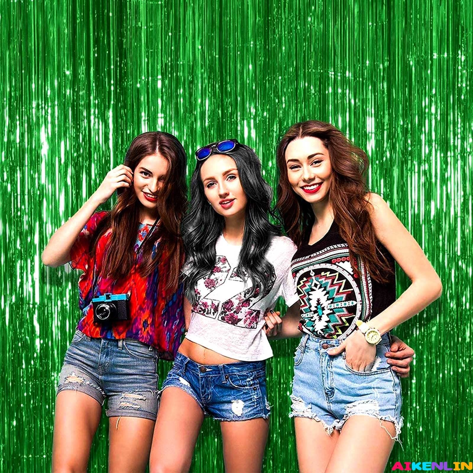 4 PCS 3.2×9.8 FT Green Foil Fringe Curtain Backdrop Metallic Tinsel Streamers