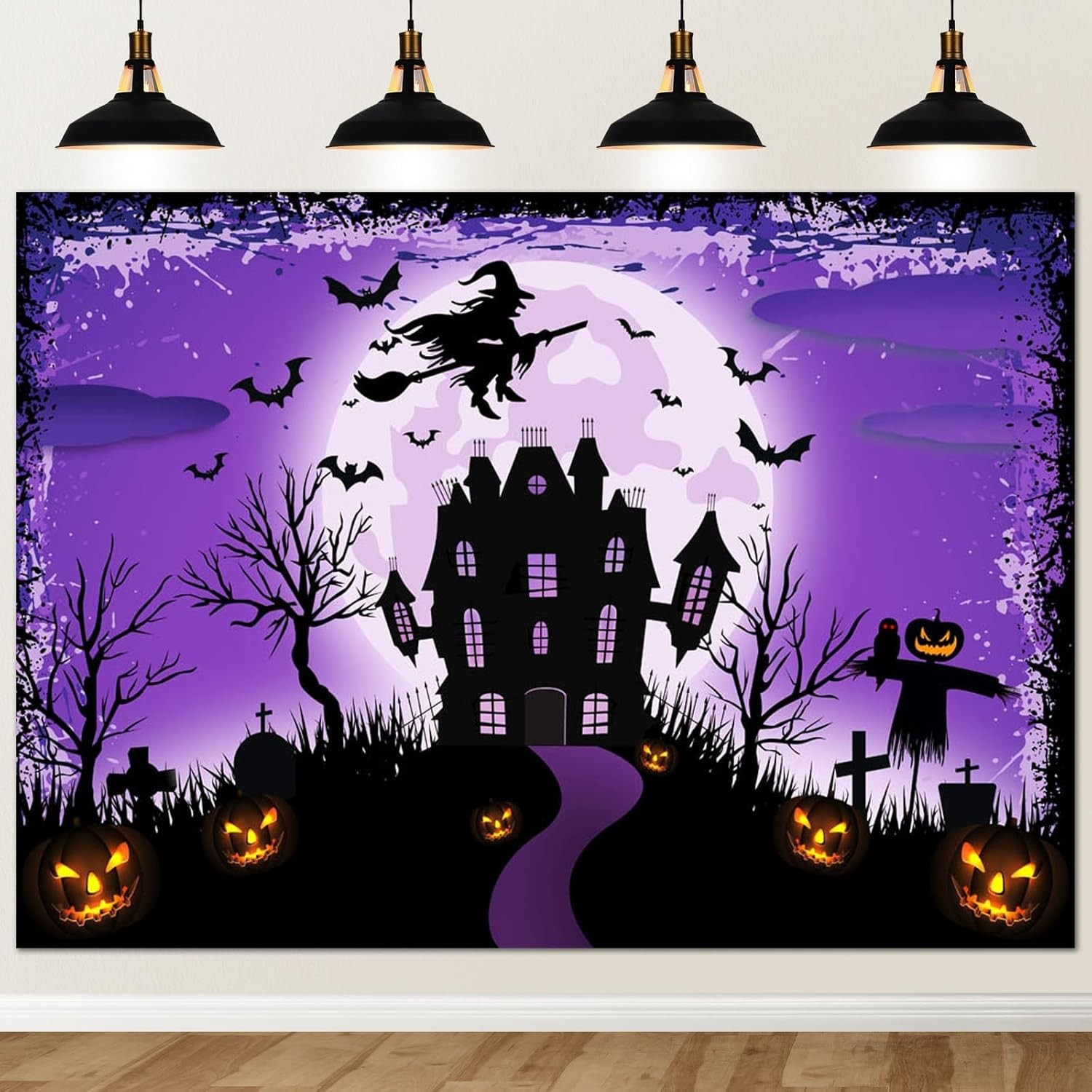 Halloween Backdrop Black Moon Night Halloween Banner Spooky Castle Witch Ghost