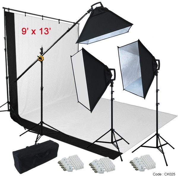 9’x13′ BW Backdrop Support Stand Photography Studio Video 3 Softbox Lighting Kit