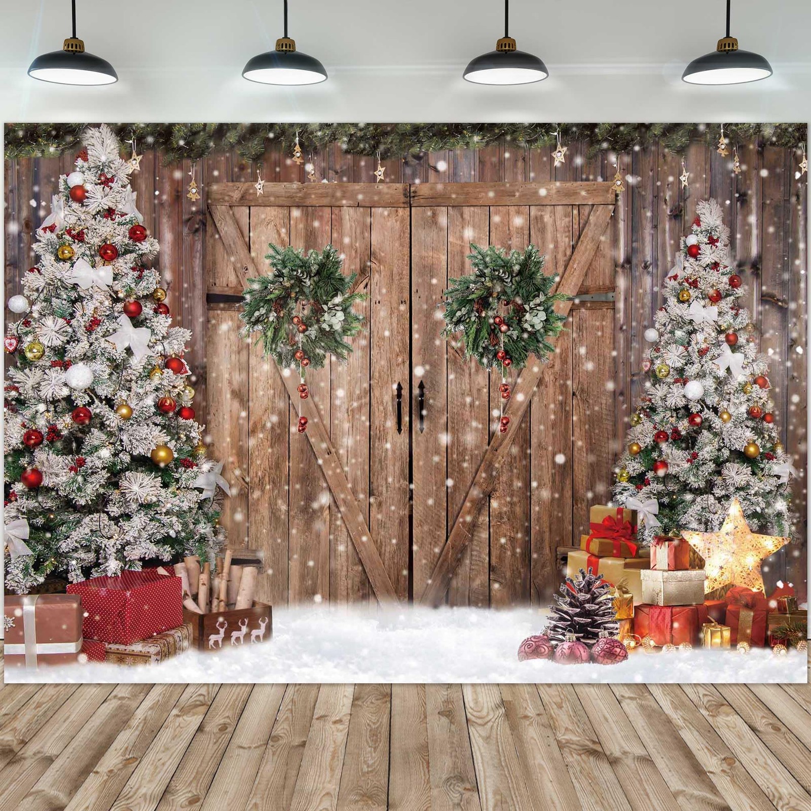 Felortte 12x8FT Polyester Fabric Winter Christmas Rustic Barn Wood Door Photo…