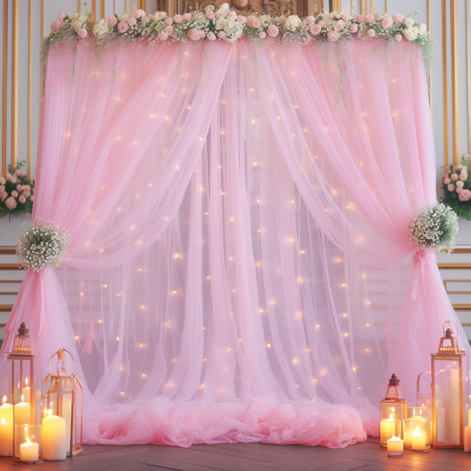 108 Ft Pink Tulle Curtain Backdrop String Light Sheer Photo Baby Shower