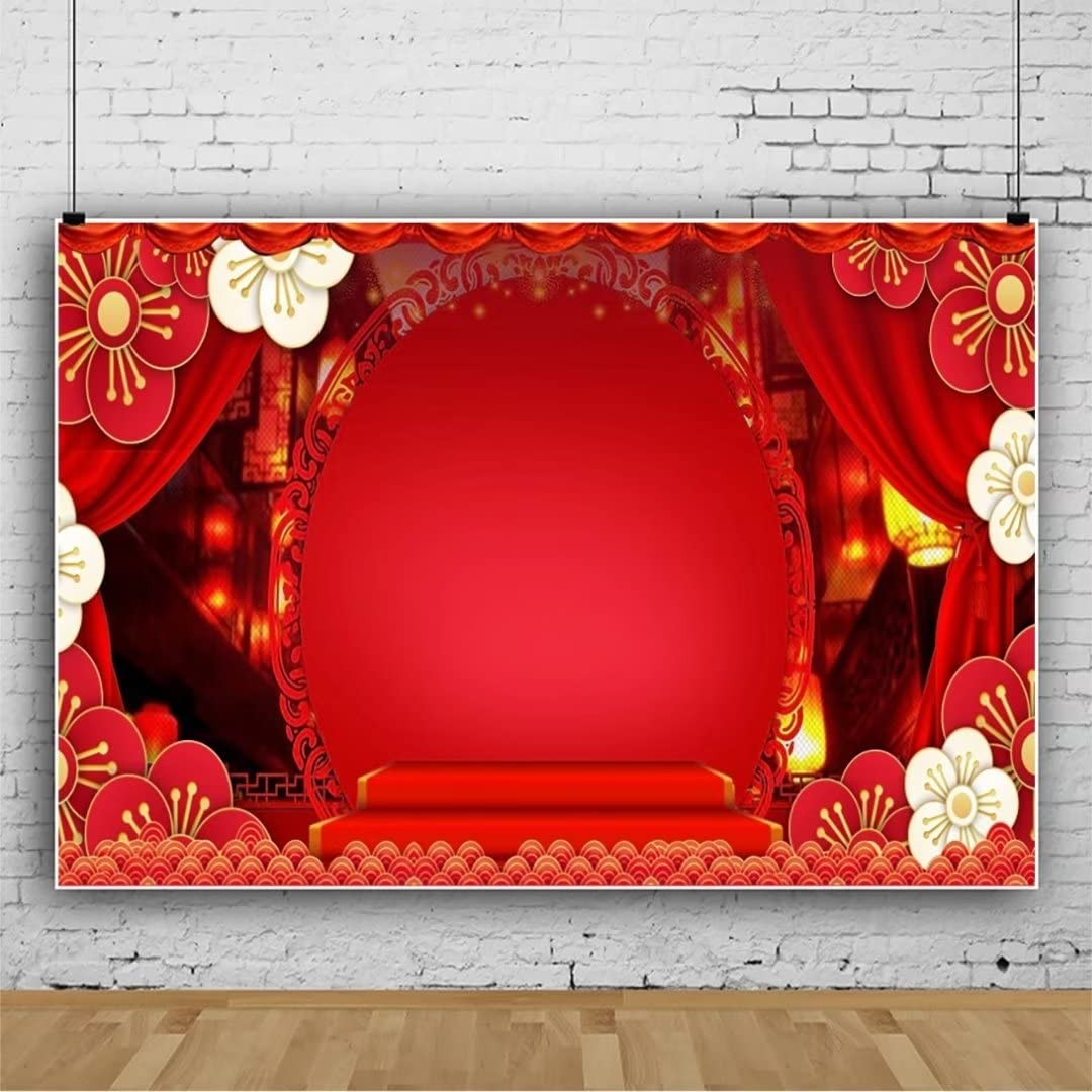 7×5 FT Chinese New Year Backdrop Red Curtain Flowers Lantern Photo Studio Prop