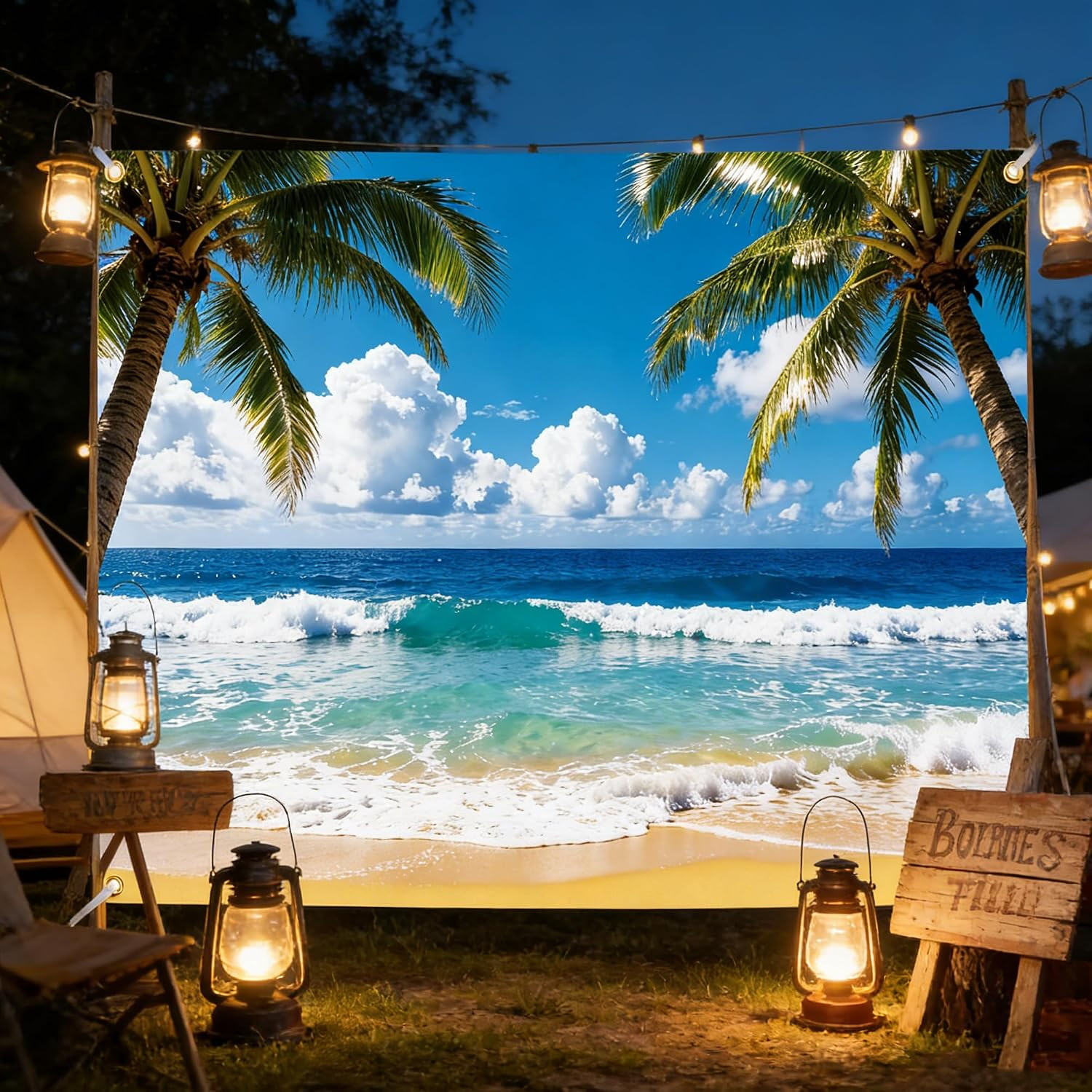 Summer Beach Backdrop Tropical Hawaiian Ocean Background 7X5Ft with Ribbon, Palm