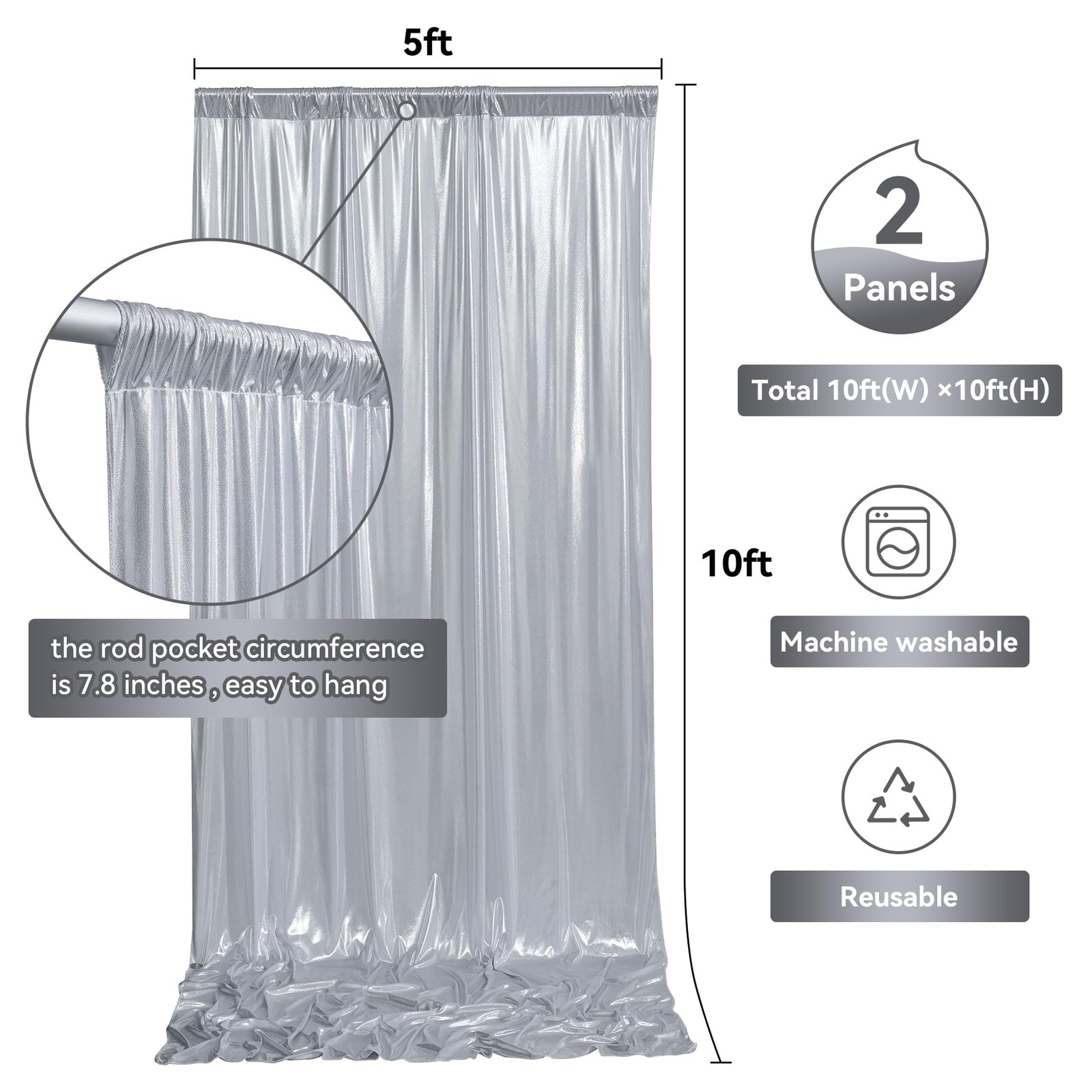 10ftx10ft Sequin Silver Backdrop Curtain for 5ftx10ft(2 panels),