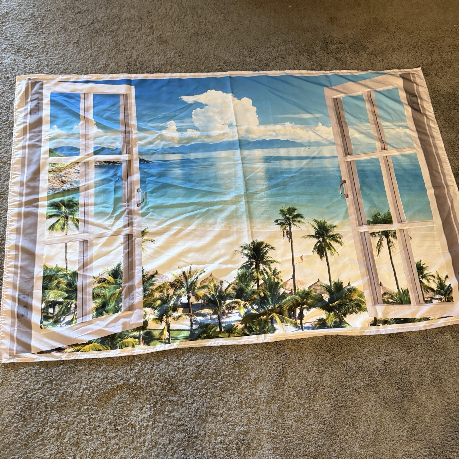 Summer Beach Window Backdrop Hawaii Tropical Island Palm Leaves Ocean 3’x5’