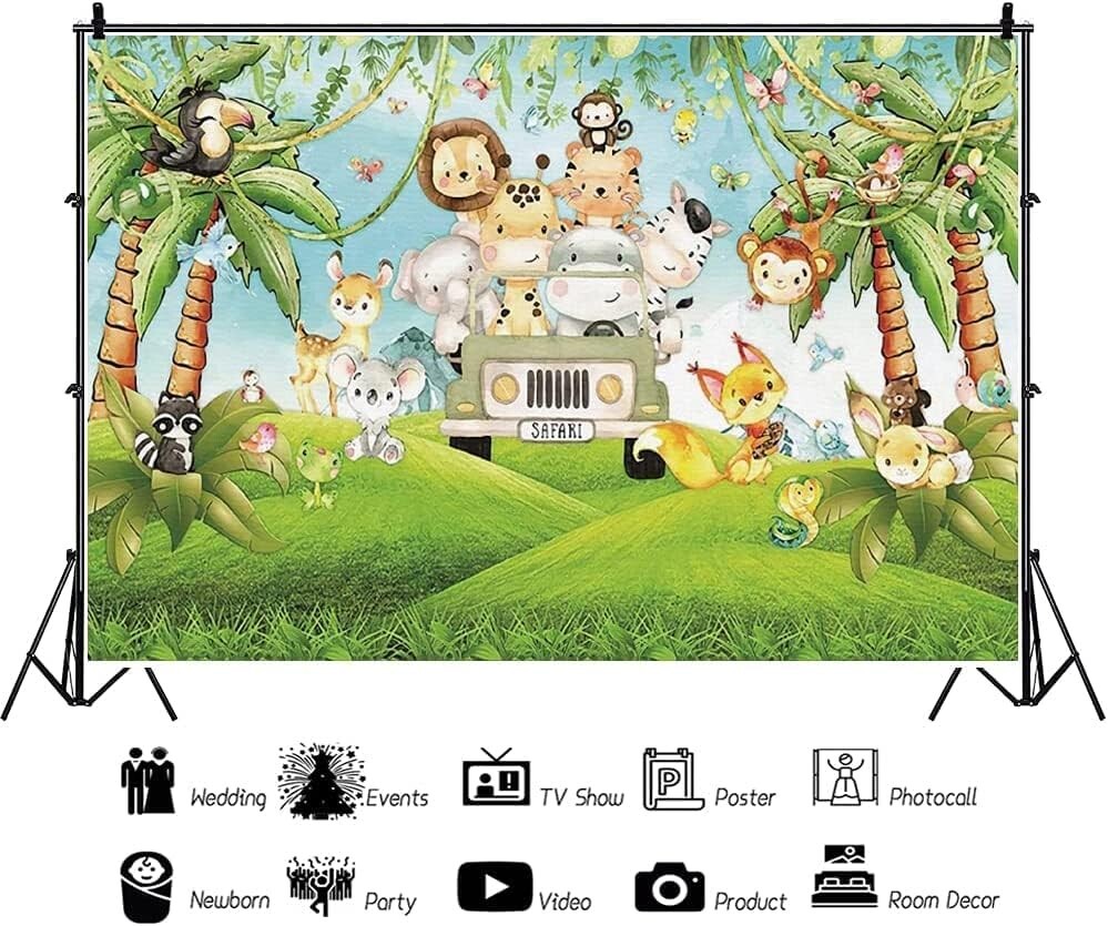 8x6ft Baby Safari Themed Birthday Shower Photo Backdrop Cartoon Jungle Animals