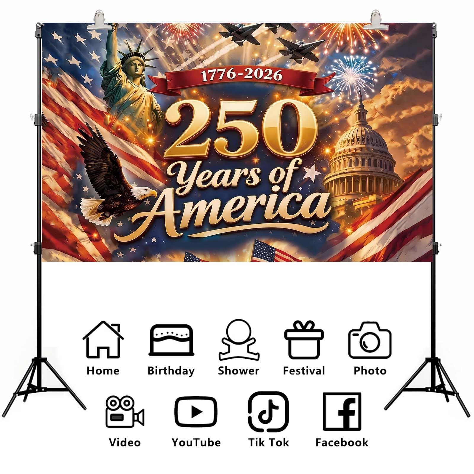 America 250 Anniversary Photo Backdrop Patriotic Banner 4th of July Colorful