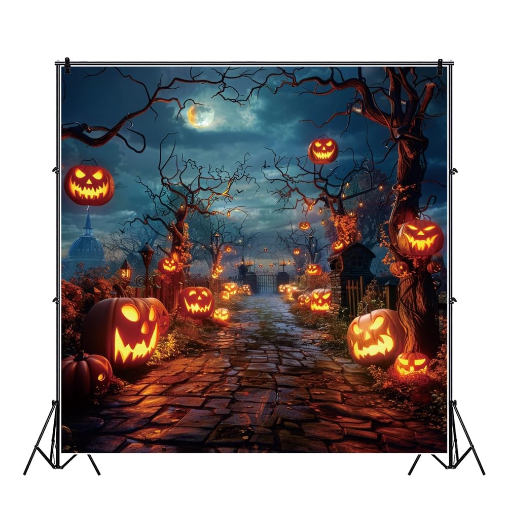 Halloween Backdrop 10x10ft Moon Night Scary Pumpkin Forest Photo Backdrops for
