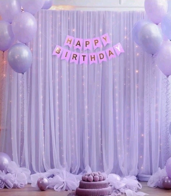 30x8ft Purple Tulle Backdrop Curtain with Lights String for Parites, Sheer Photo