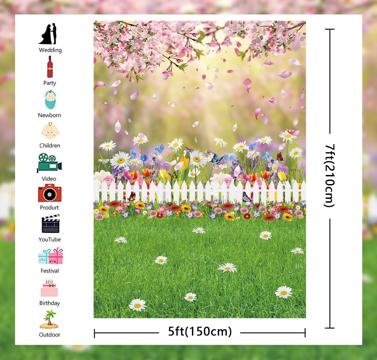 Spring Easter Backdrop 5×7 Ft Pink Flowers Green Lawn Photography Background