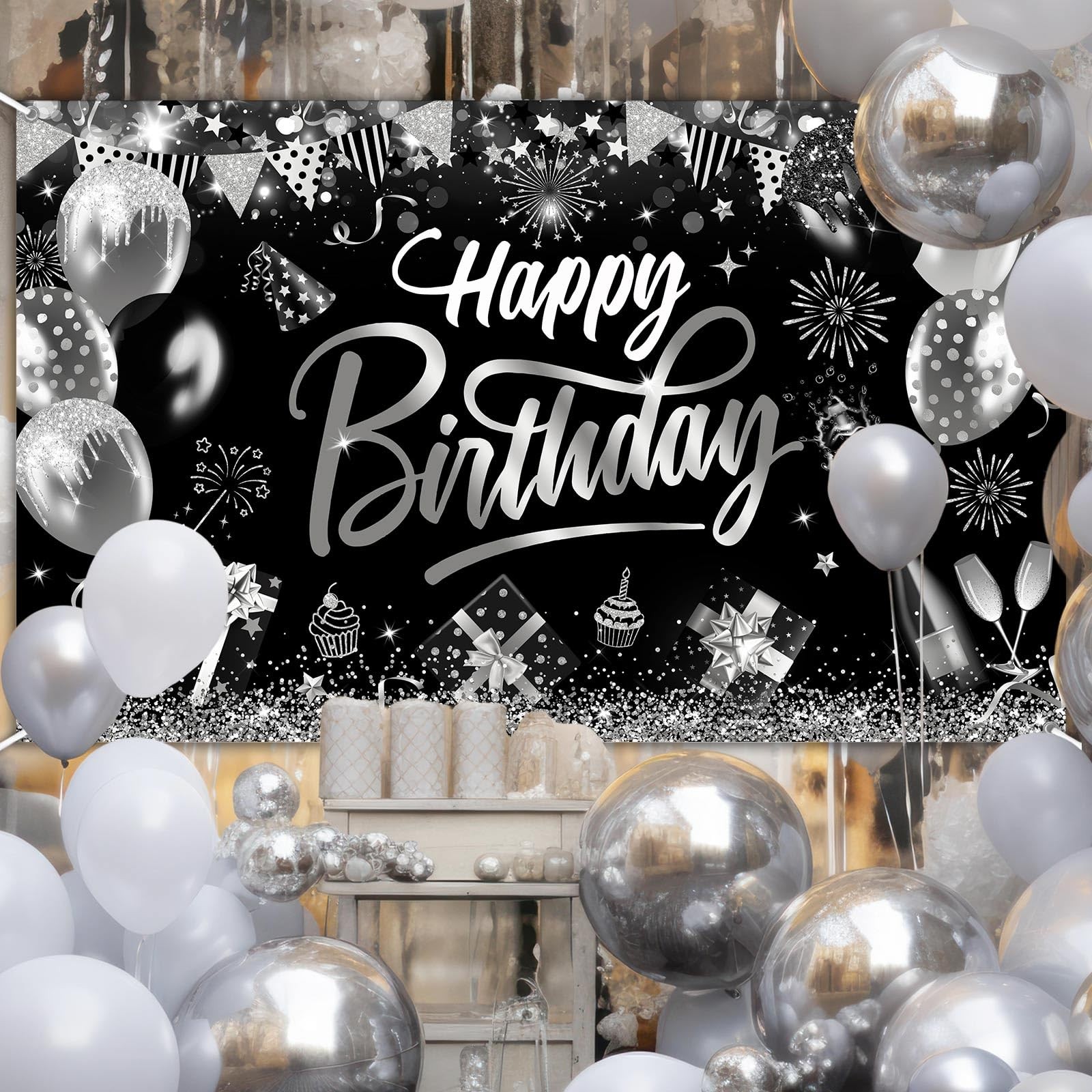 Black Silver Birthday Banner Birthday Decorations for Men Boys Silver Glitter…