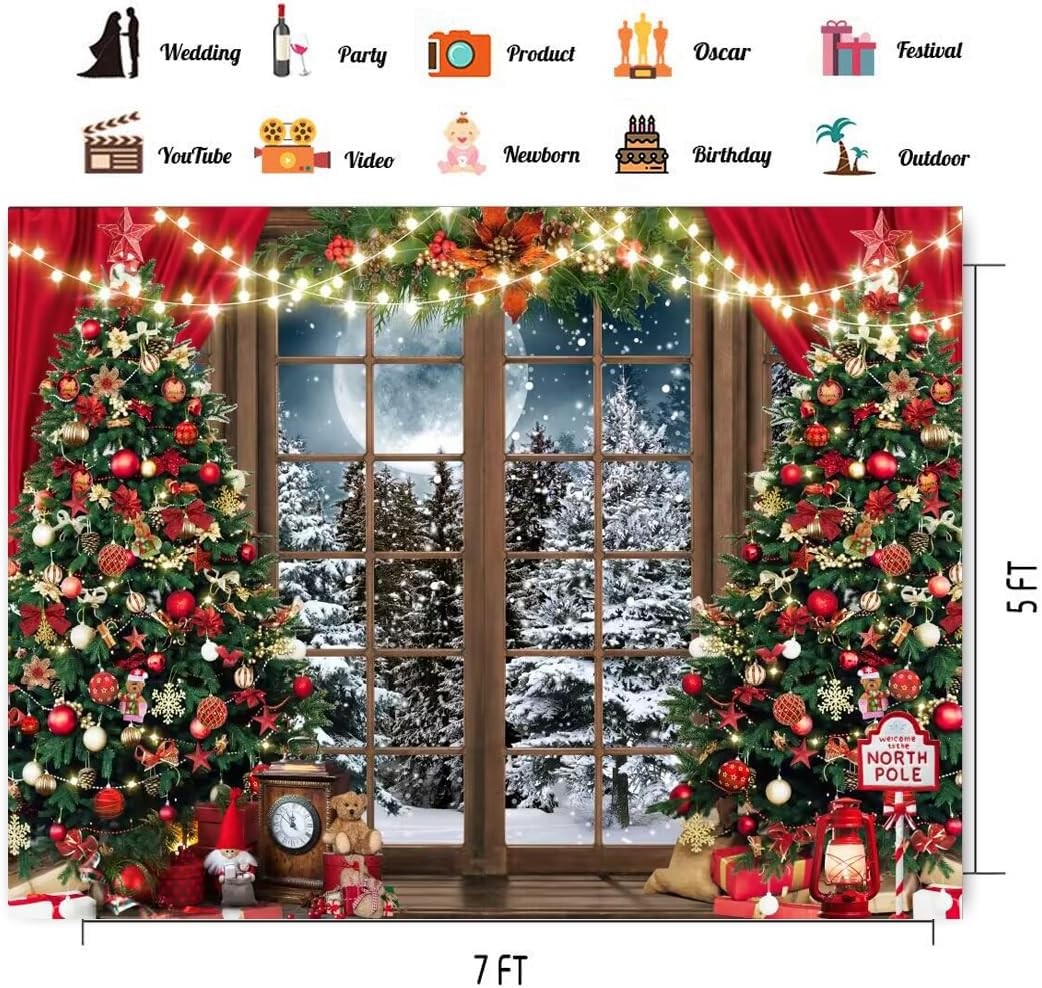 7x5FT Christmas Backdrop Red Xmas Tree Snow Holiday Party Banner