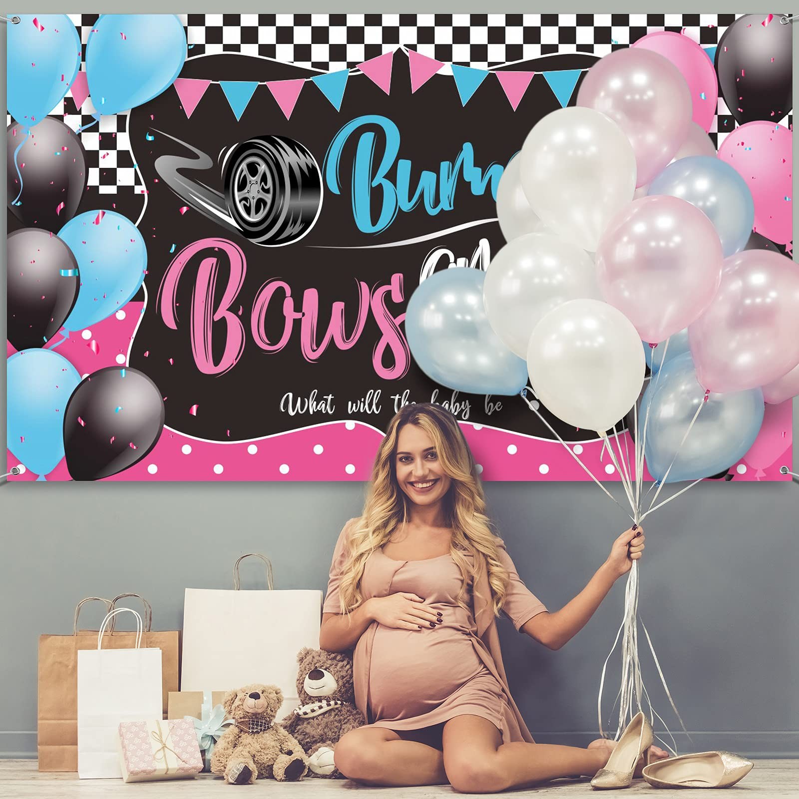 Burnouts or Bows Gender Reveal Decoration 72.8 x 43.3 inch, Multicolor