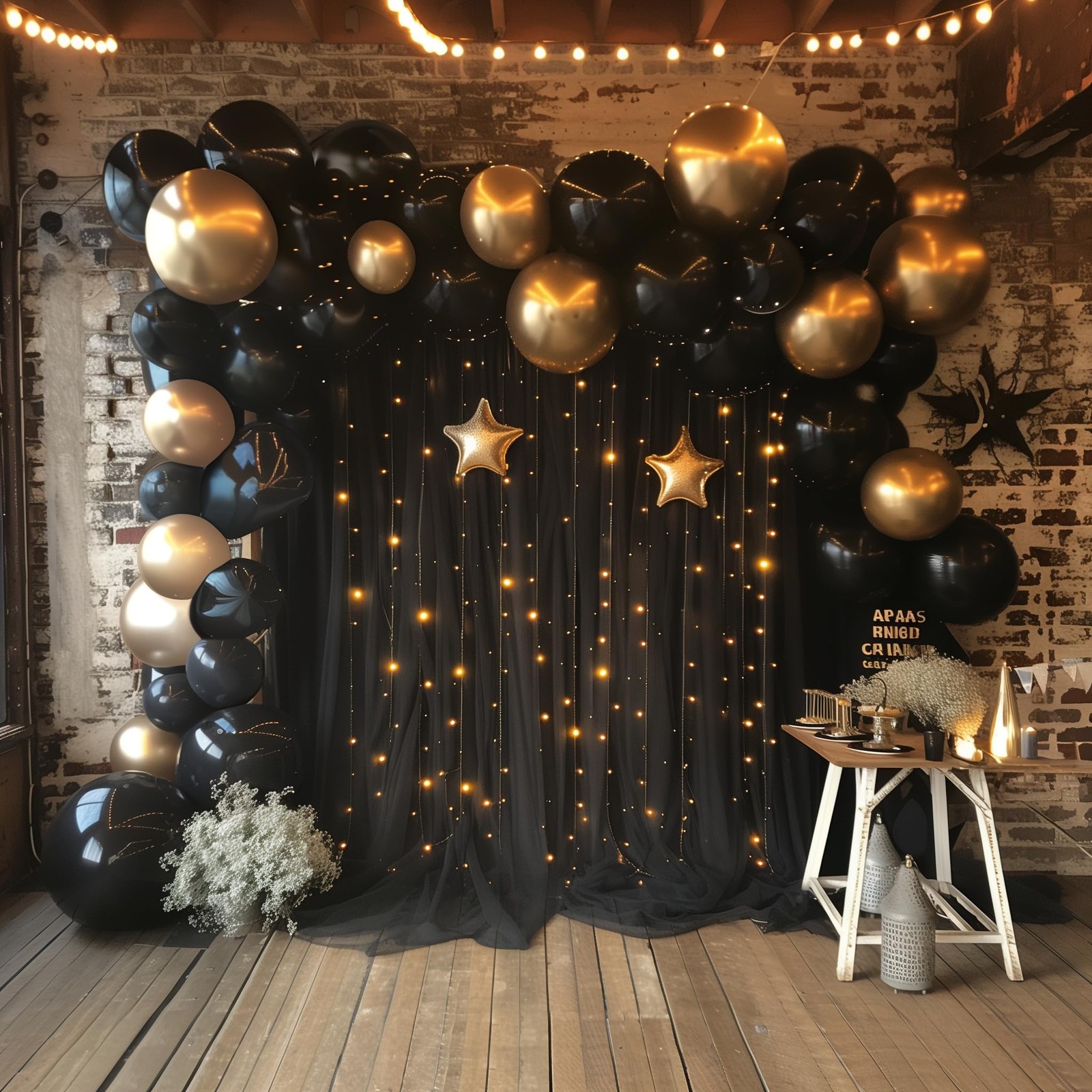 2 Panels 5×10 Ft Black Sheer Tulle Backdrop Curtain String Lights 10×10 Ft Set