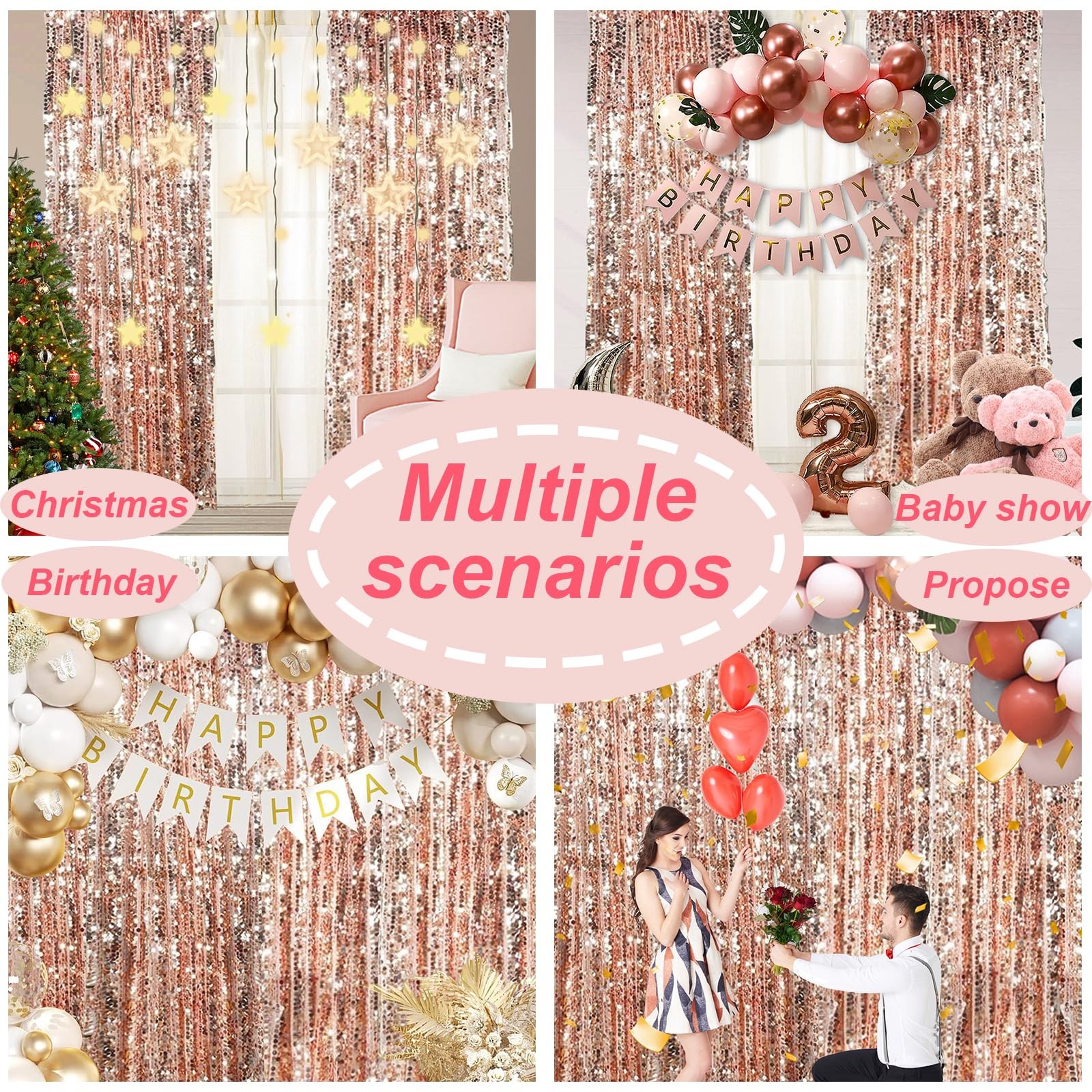 Rose Gold Sequin Backdrop Curtains Drapes Panels Party Decor 9x9ft Big Sequin