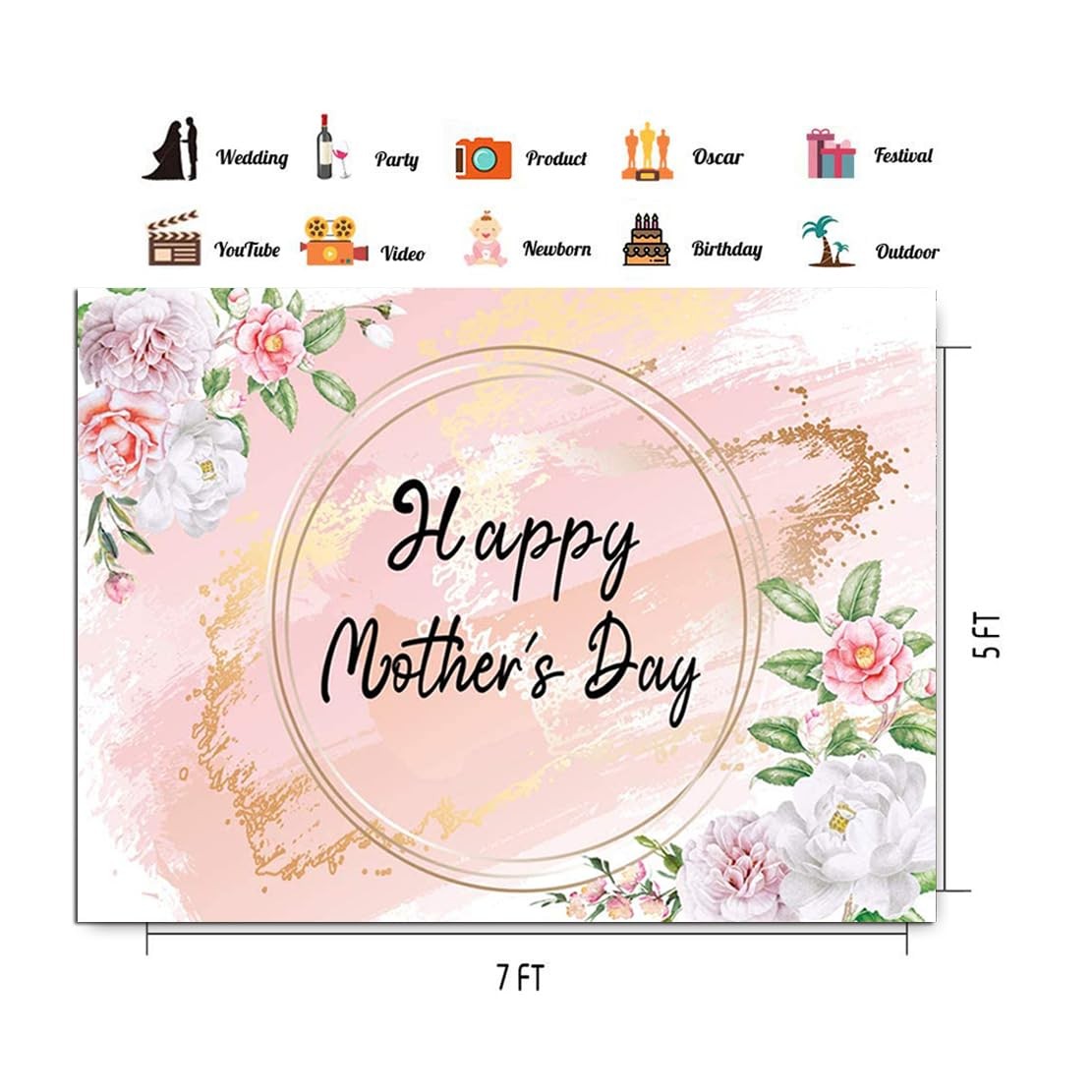 7x5FT Happy Mother’s Day Backdrop Pink Flower Background Mother Festival Party D