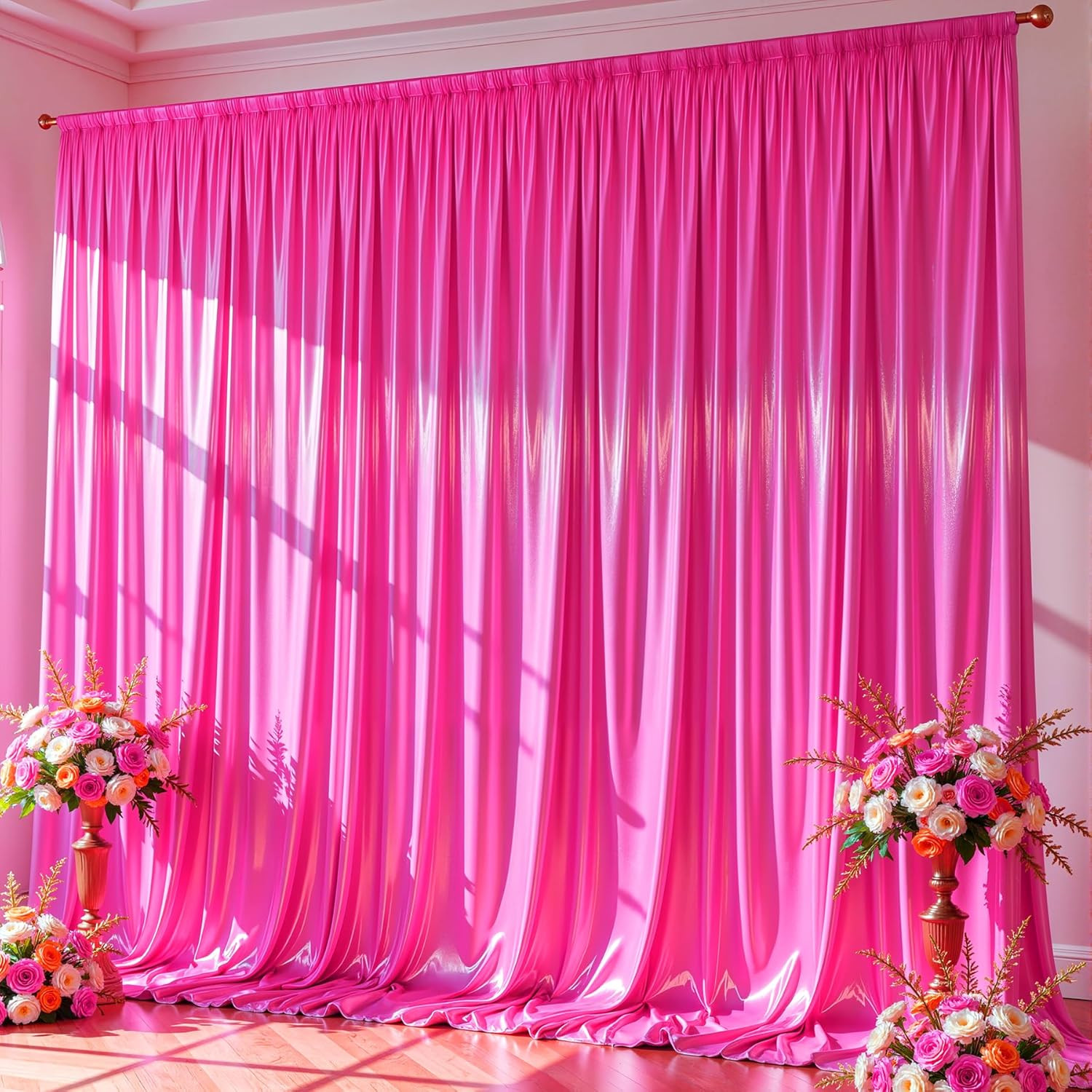 30X10Ft Hot Pink Glitter Backdrop Curtain for Parties, Wrinkle Free Satin Photo