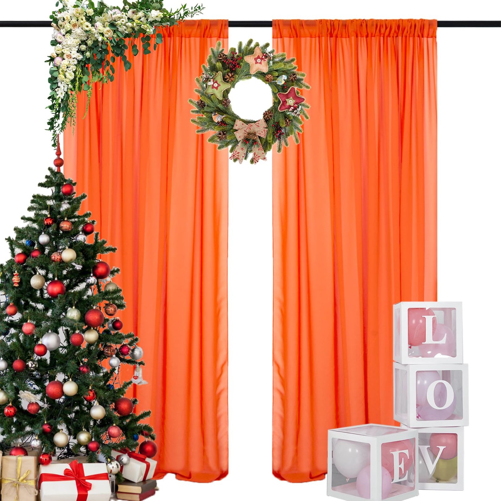 Orange Chiffon Backdrop Curtain Sheer Fabric Drapes Wedding 2 Panels 10FT