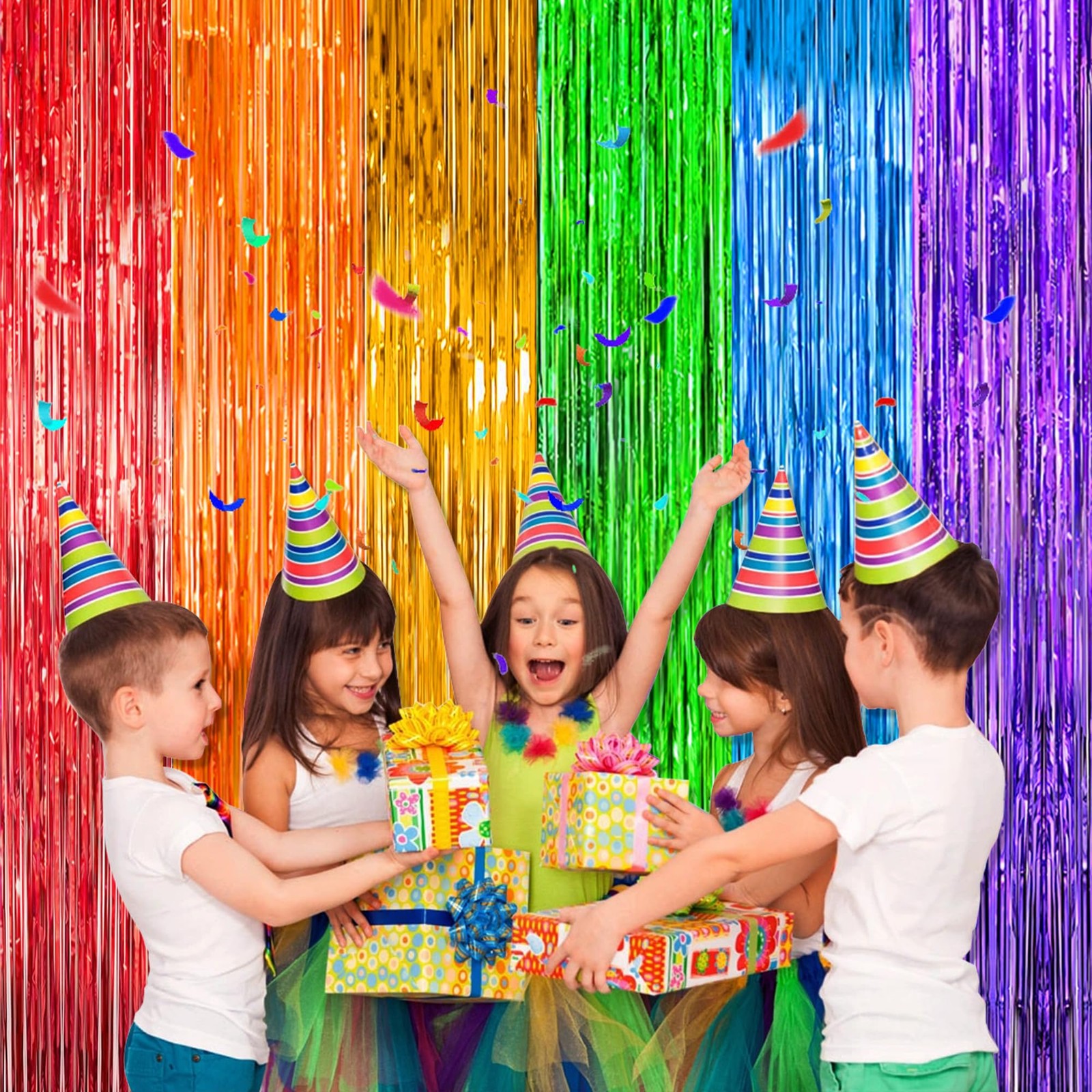 Rainbow Foil Fringe Curtains Party Photo Backdrop 3.3×6.6 FT Multi 4 Pack