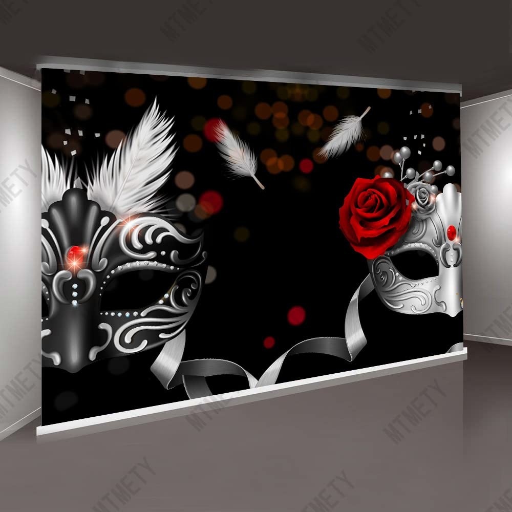 7x5ft Masquerade Backdrop, BJXYME582, Silver Rose, Black, Feather, Birthday