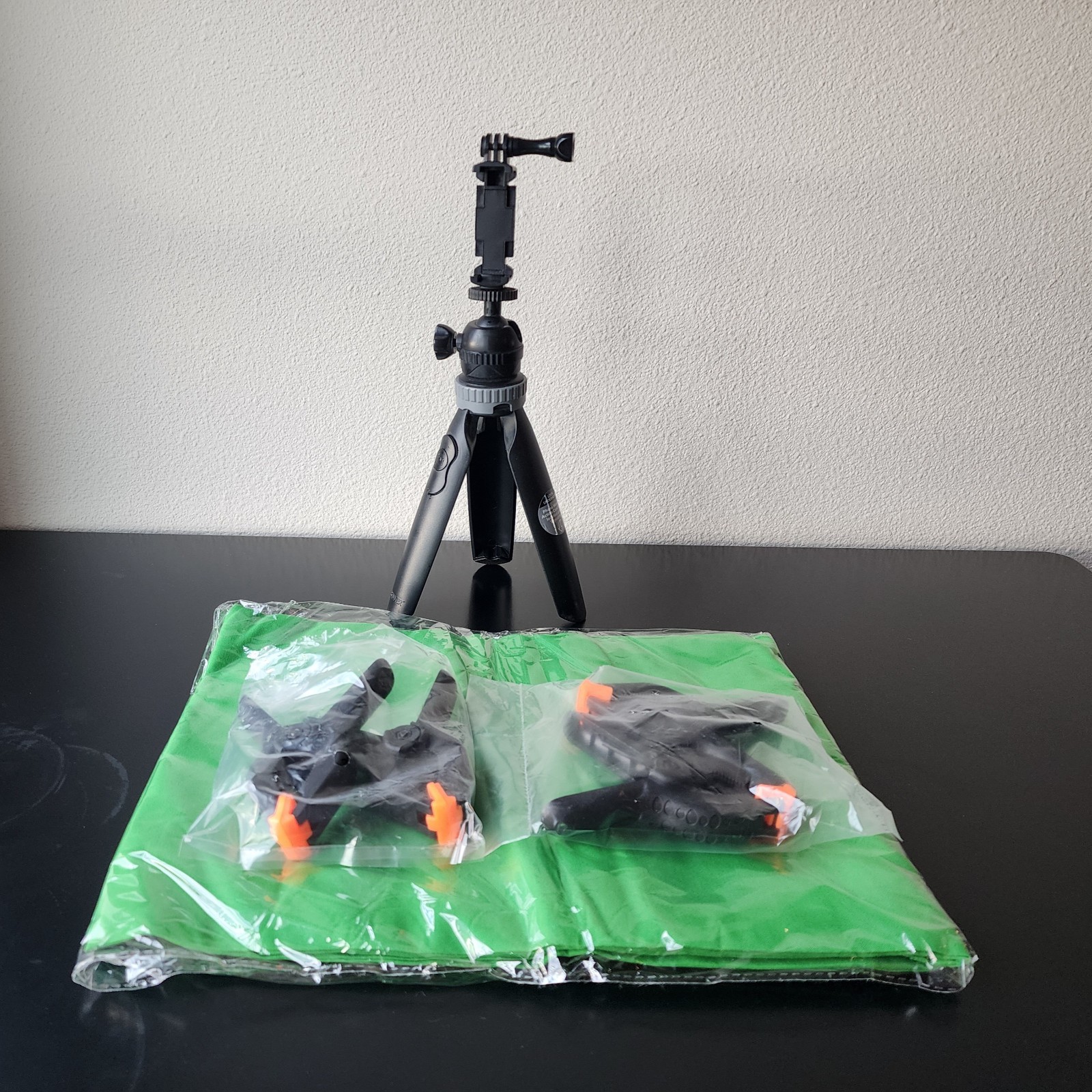 Set of Bower Content Creator Items: Table Tripod, 5 x 7 Green Screen, & 4 clamps