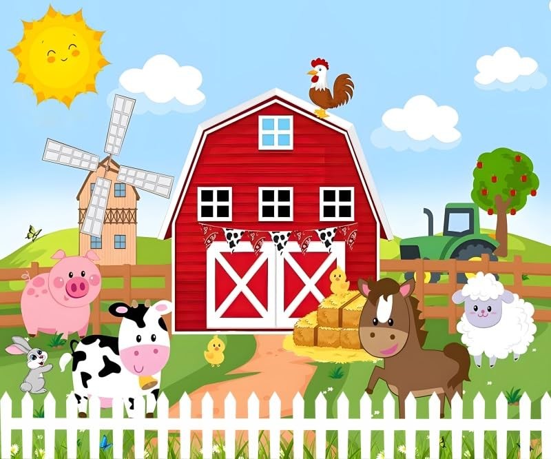 7x5ft Rustic Cartoon Farm Barn Decorations Backdrop Red Wood House Animals Ha…