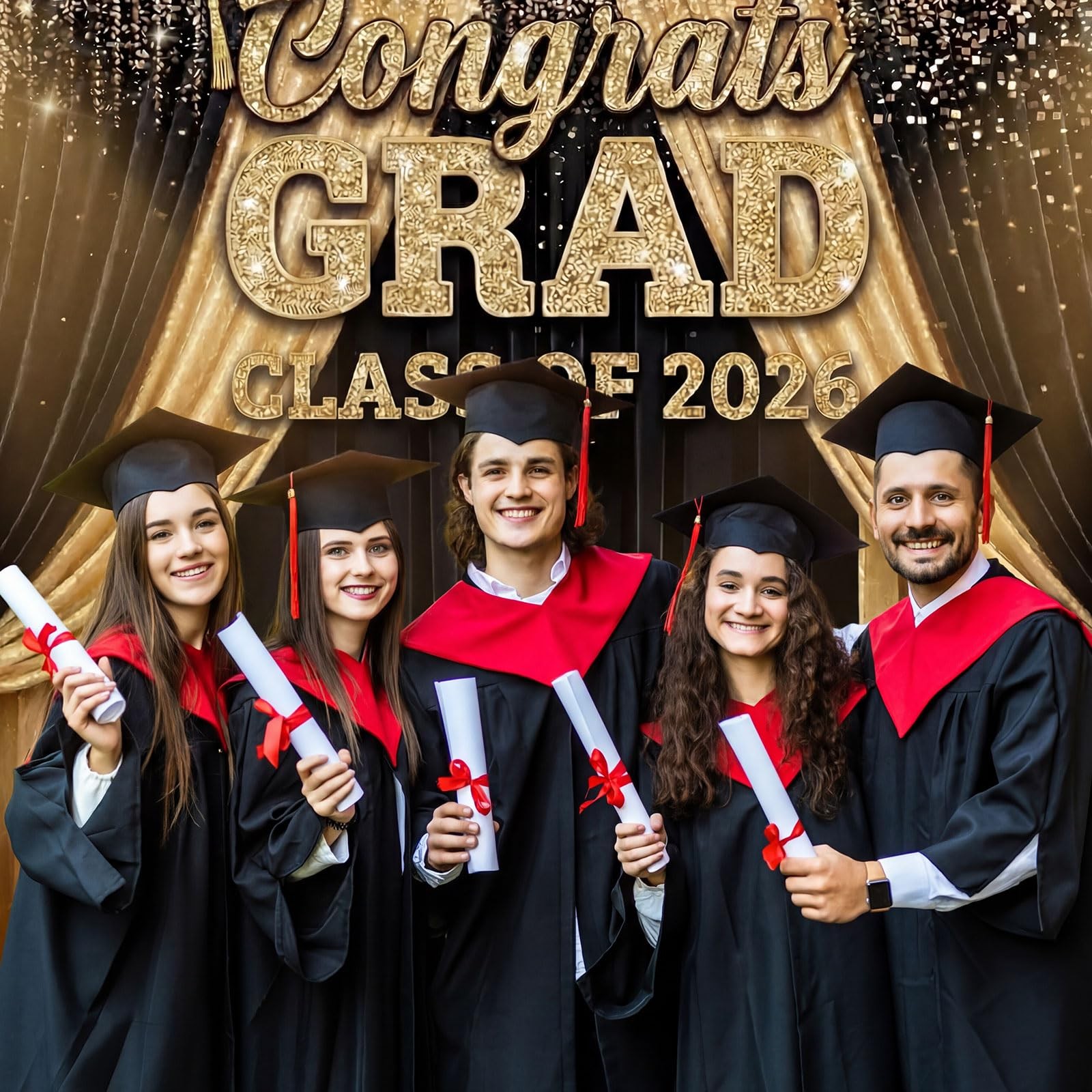 Large Class of 2026 Graduation Backdrop 5.9 x 6.6 ft Black Gold Congrats Grad Gr