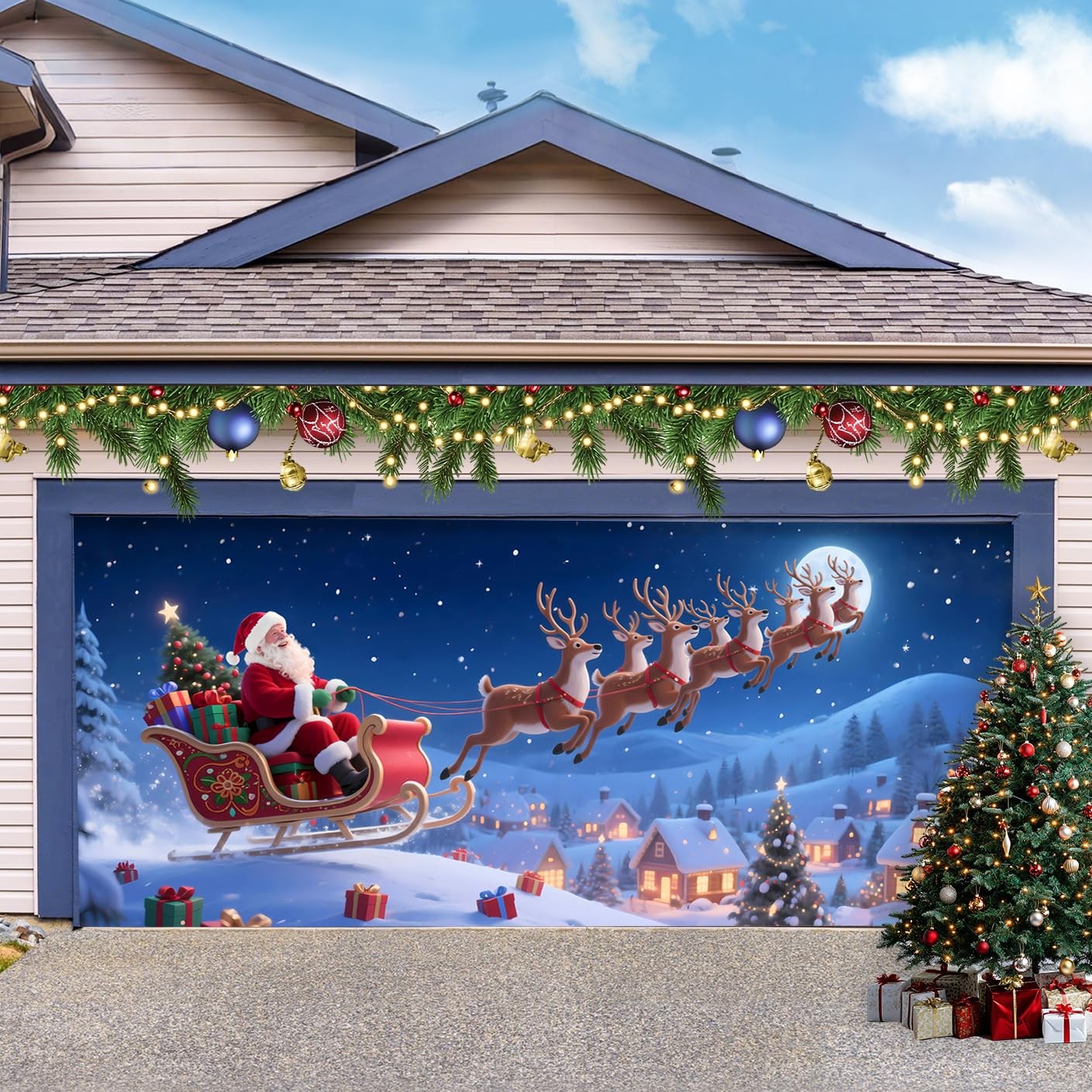 Christmas Garage Door Cover, Large Christmas Banner Backdrop Decorations Hang…