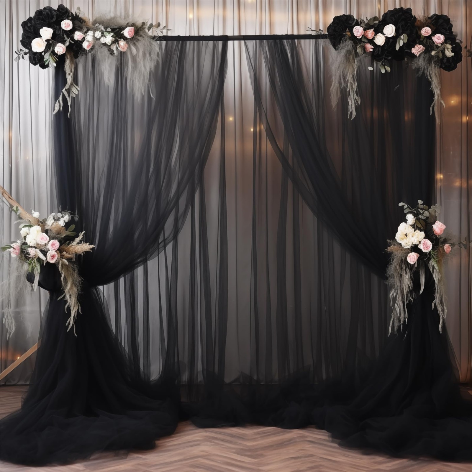 20×10 Black Tulle Backdrop Curtains Sheer Wedding Photo Background Drapes