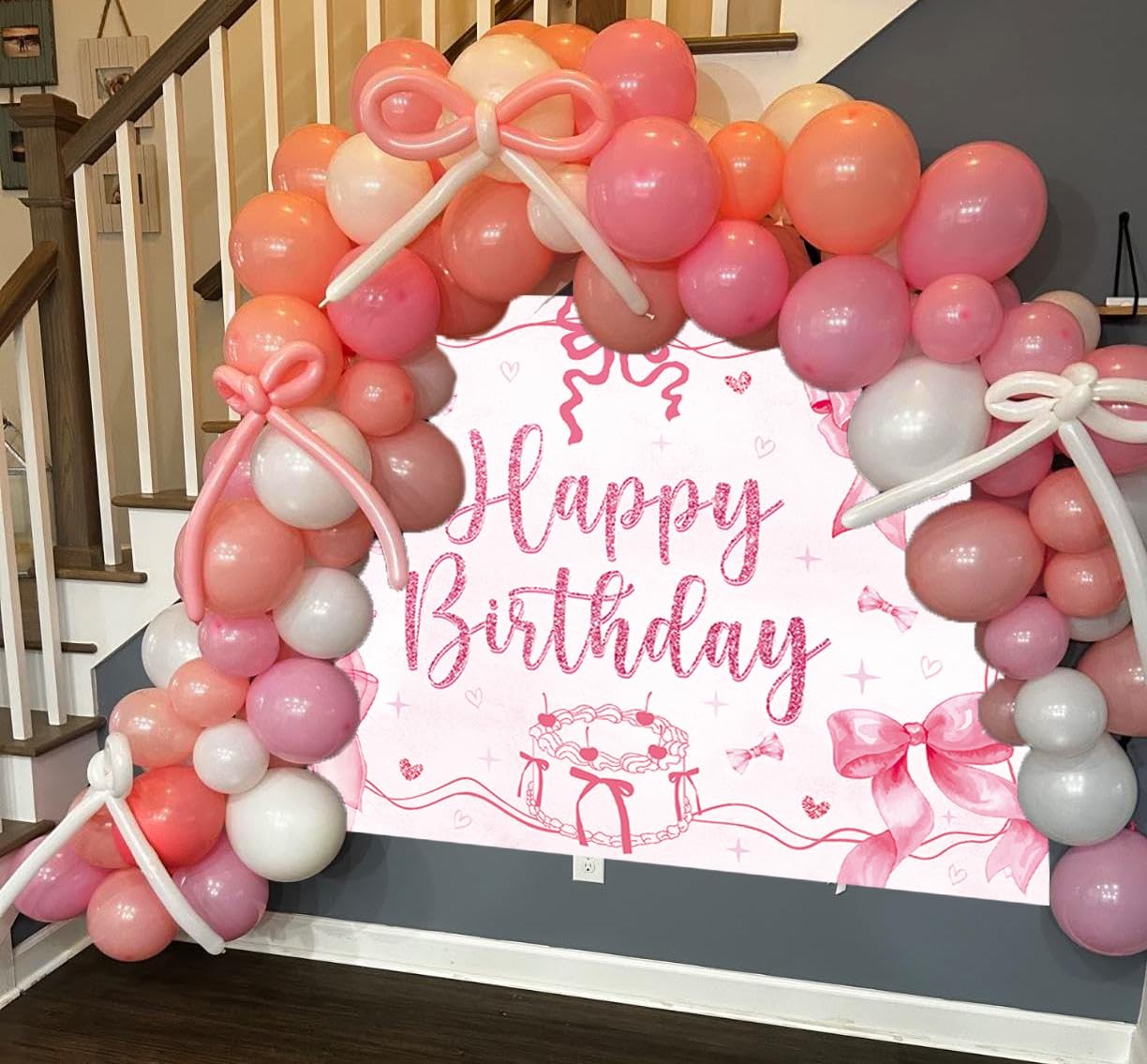 Pink Bow Coquette Happy Birthday Party Theme Photo Backdrop 7x5ft Banner