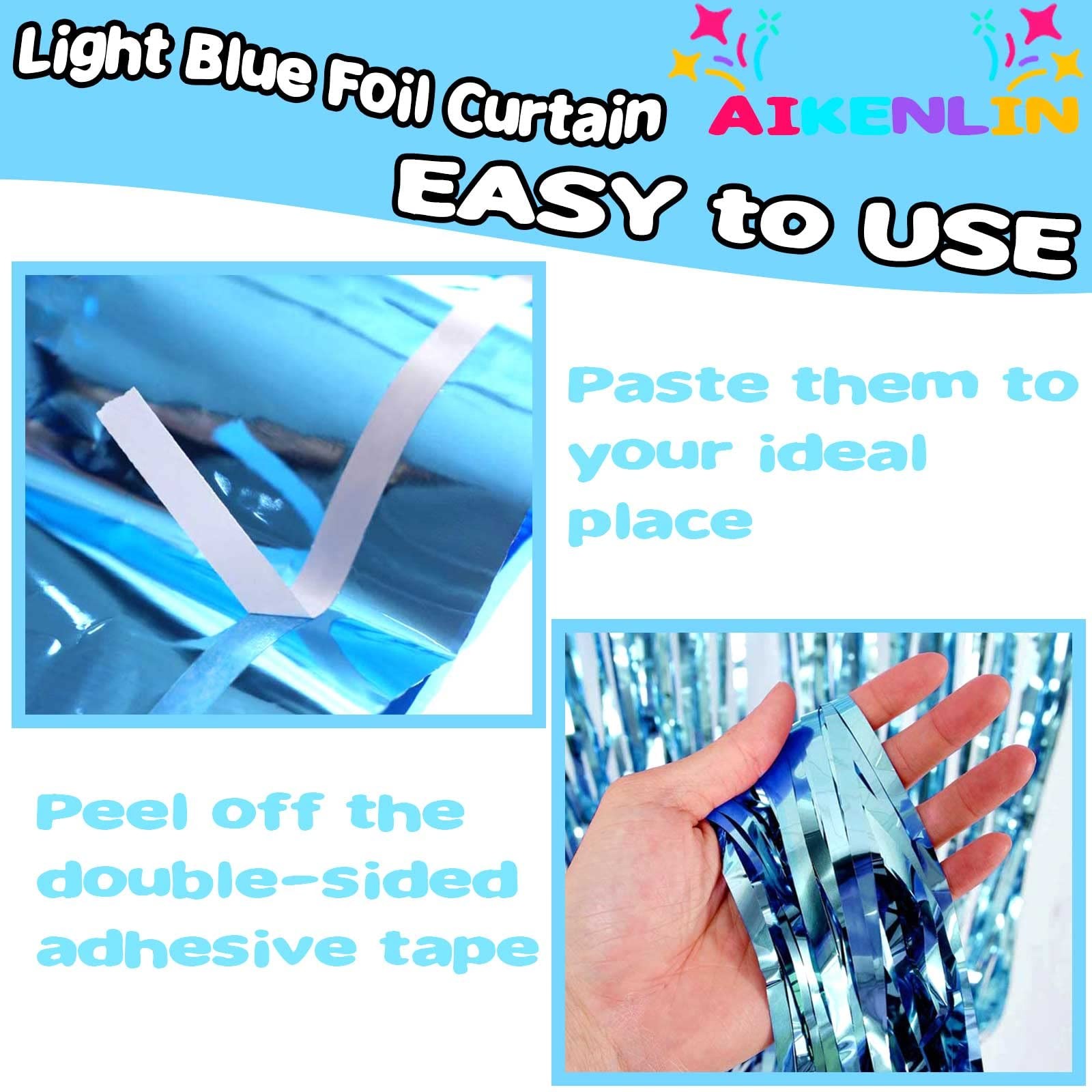 4 PCS 3.2×9.8 Ft Light Blue Foil Fringe Curtain Party Photo Backdrop