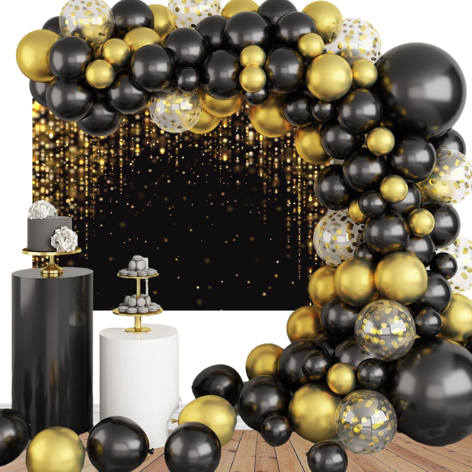 Black Gold Party Backdrop 7×5 Ft Glitter Birthday New Year Photo Booth