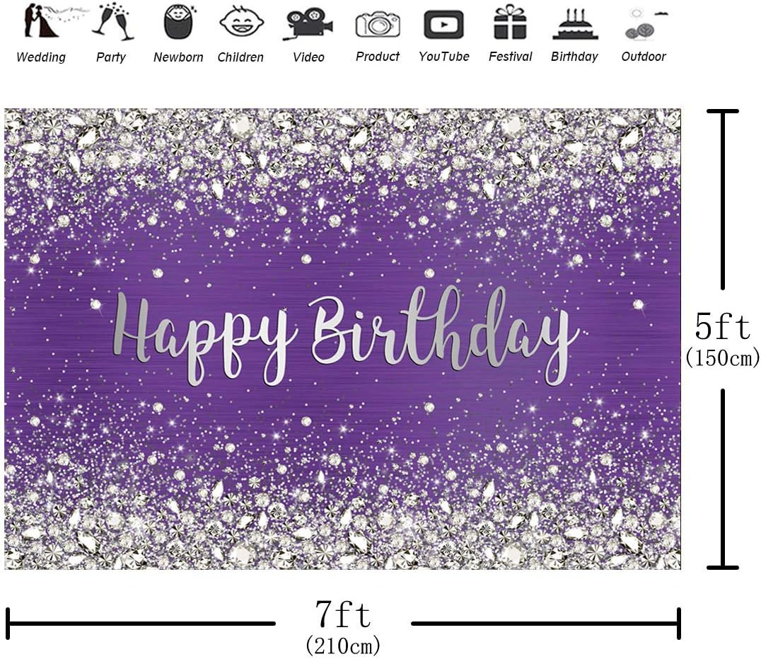 7X5Ft Glitter Purple Diamonds Happy Birthday Backdrop Shinning Silver Bokeh Dots