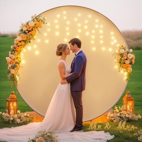 7.2FT White Round Backdrop with LED Fairy Lights for Weddings, Parties & Photos