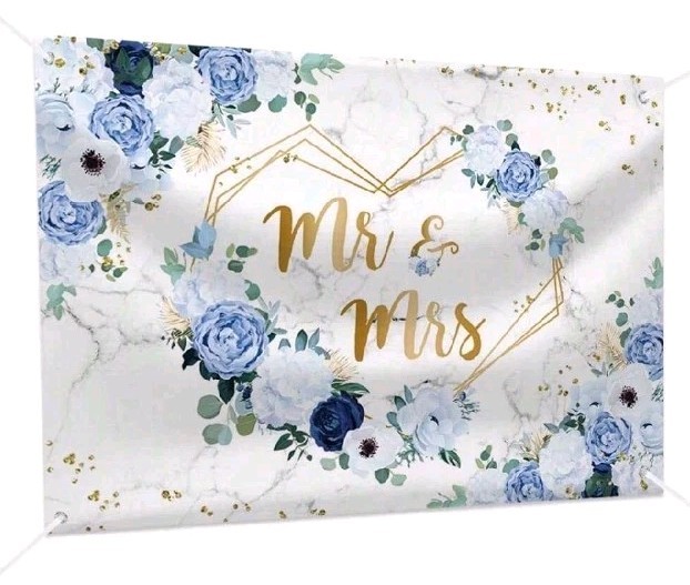 7x5ft Mr and Mrs Floral Backdrop for Wedding/Shower Blue and White Flowers Photo