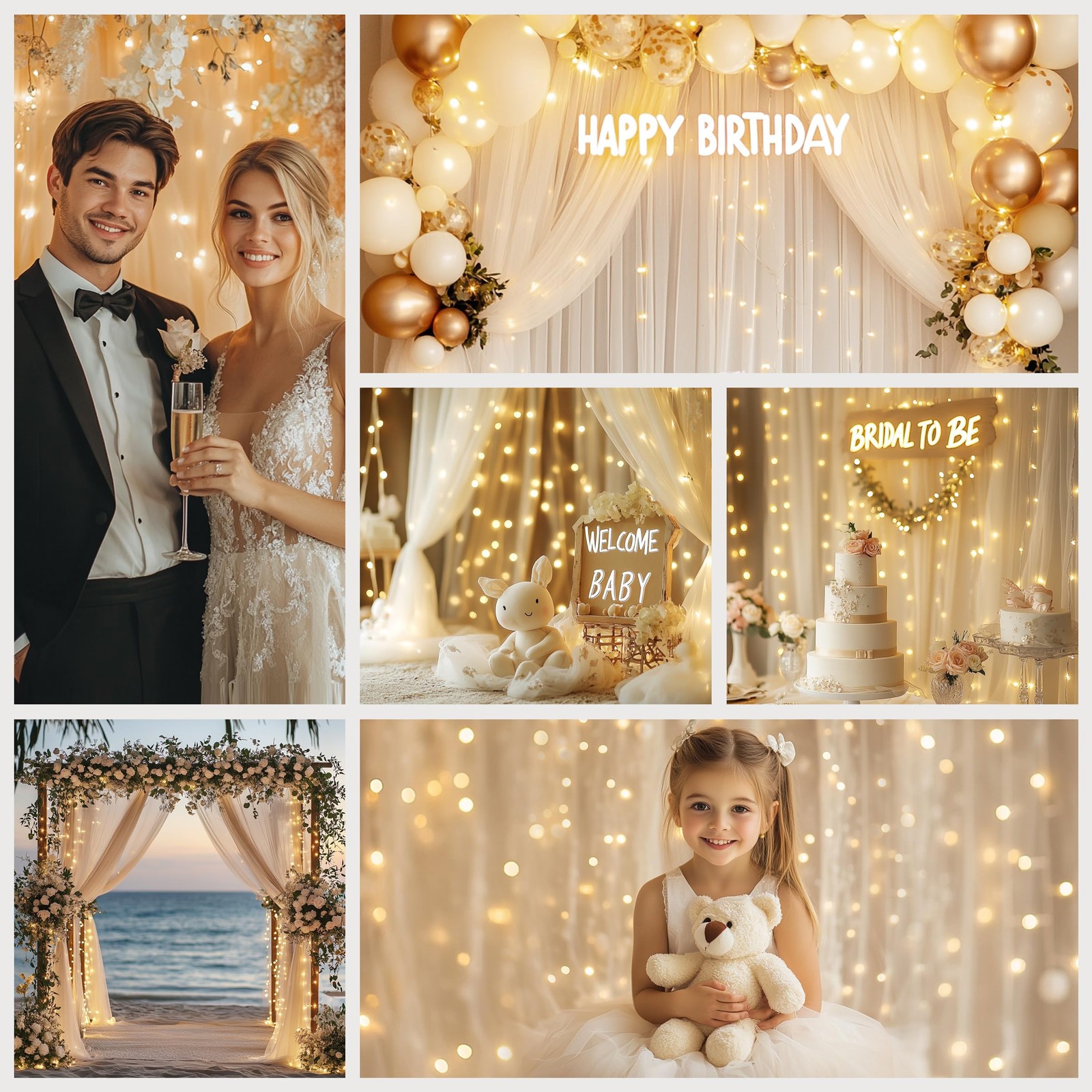 Ivory Tulle Backdrop Fairy Lights WrinkleFree Sheer Curtain Drapes 10×8 FT