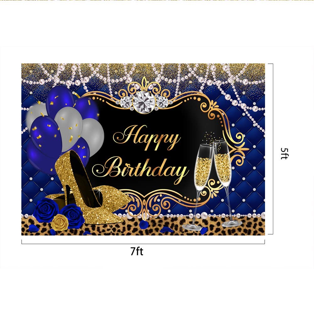 Gold and Royal Blue Birthday Backdrop for Women Happy Birthday Party Backgrou…