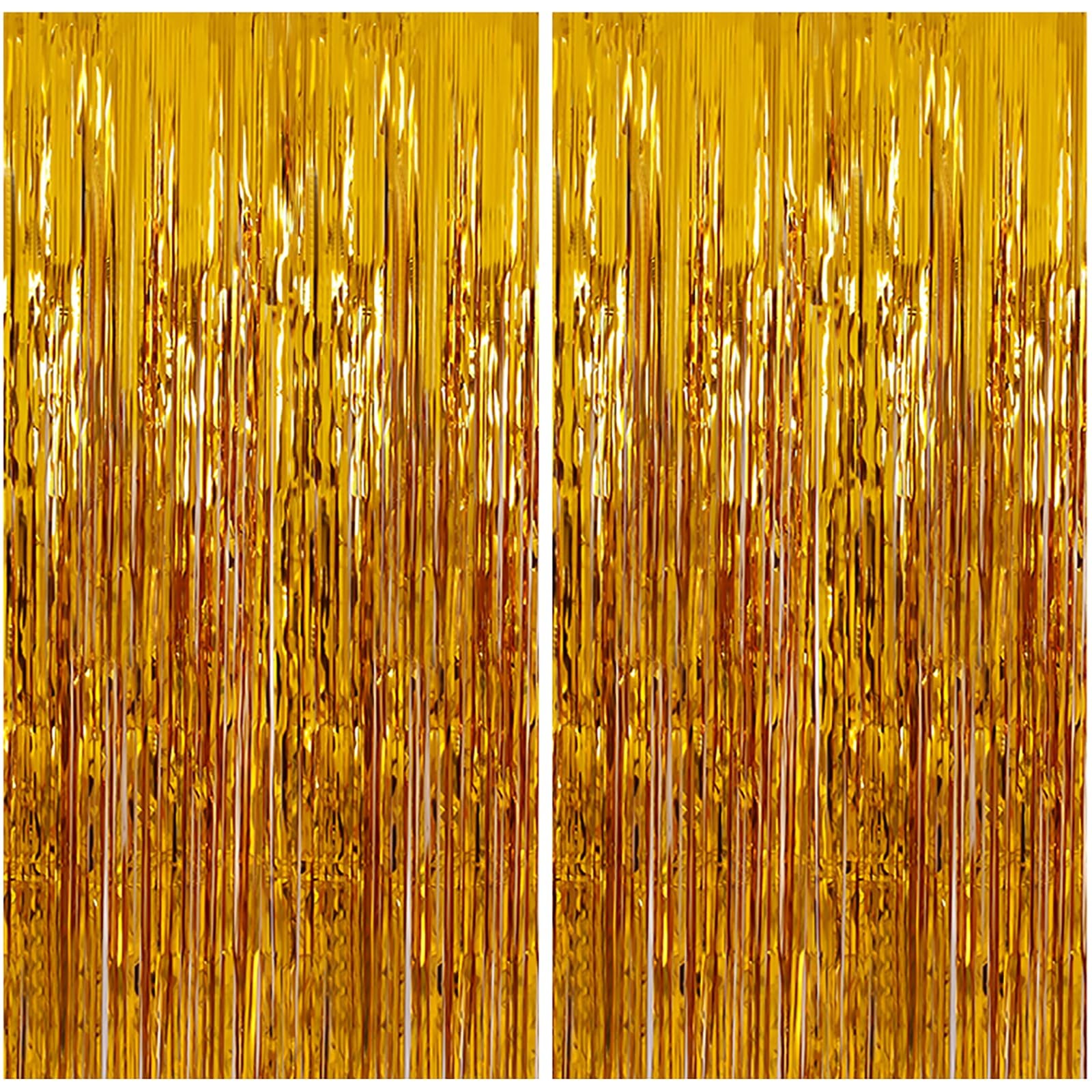 2 PCS Gold Tinsel Foil Fringe Curtain Photo Streamer Backdrop 3.28×6.56 FT