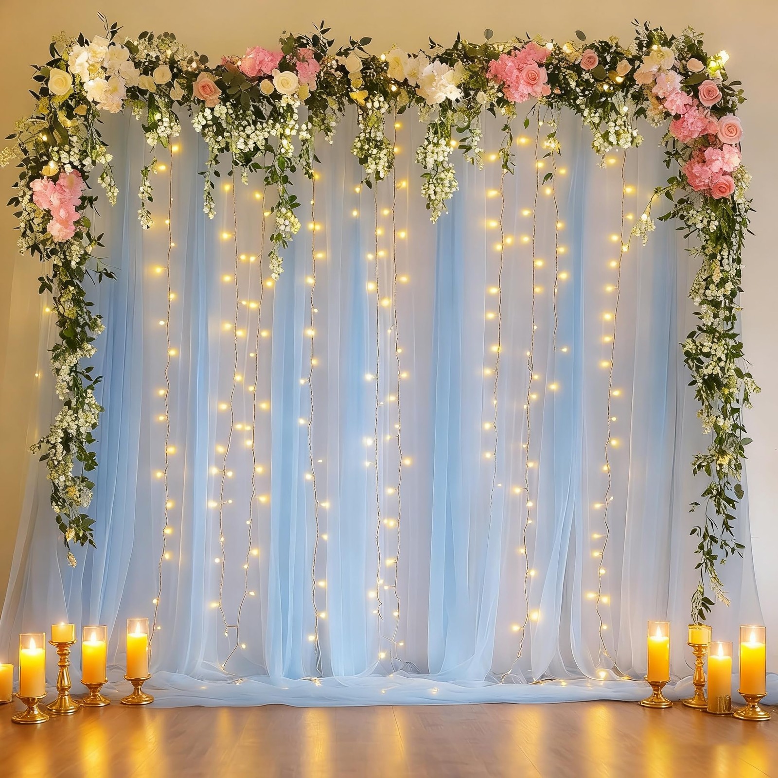 Tulle Backdrop Curtain Light String Wedding Ceremony Reception Baby Blue 10x10ft
