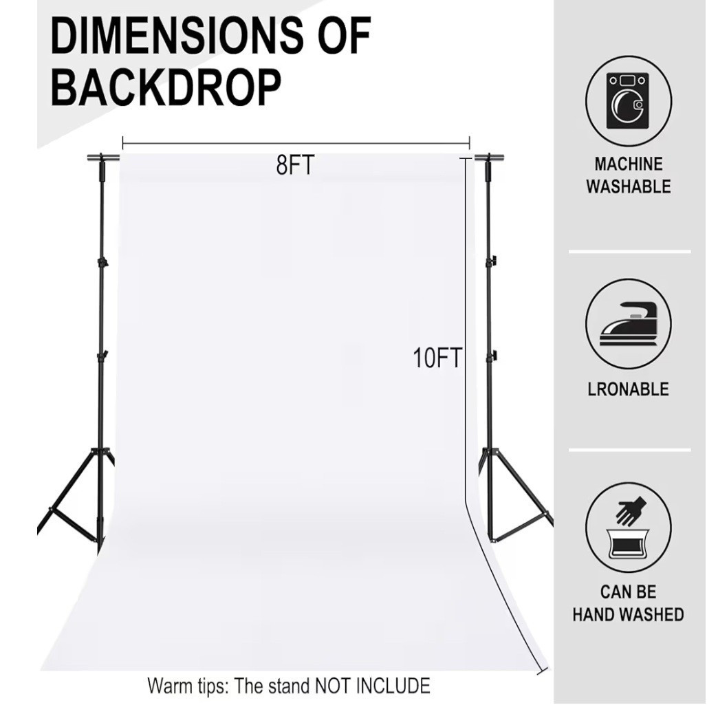 White Polyester 8FTx10FT Photo Backdrop, Machine Washable, Rod Pocket
