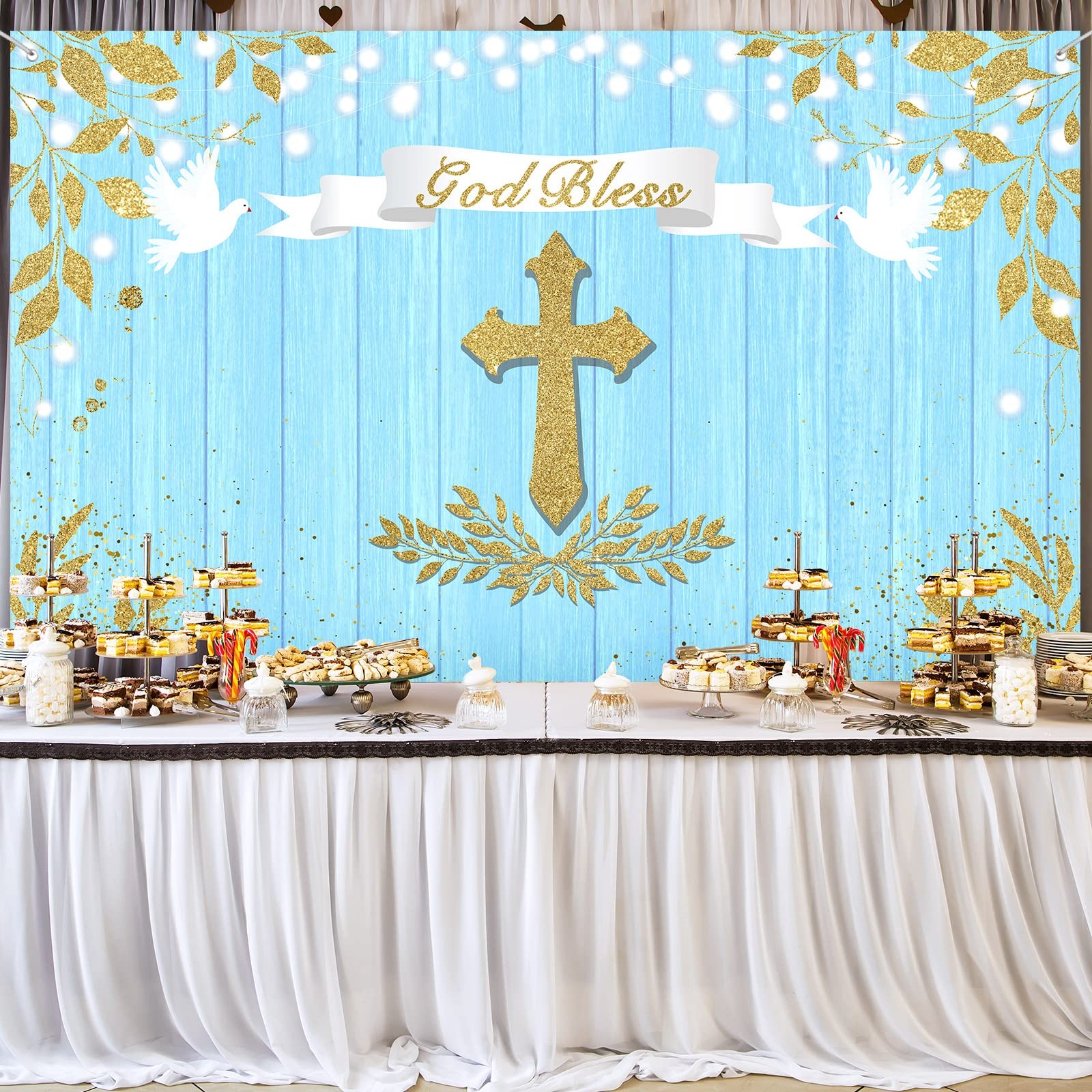 Capoda 71 x 43 Inch God Bless Baptism Backdrop First 6 x 3.6 foot, Blue Gold