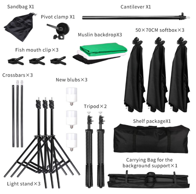 Photography Lighting Kit Including 2x2M Background Muslin Photo Studio Lighting