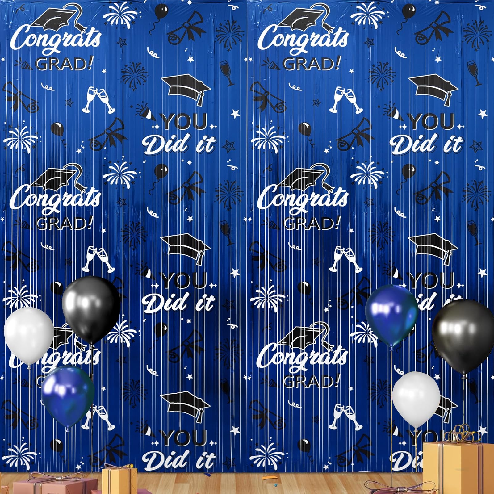 2025 Graduation Foil Fringe Curtains 2 Pack 3.2×6.5 ft Blue Black Graduation …