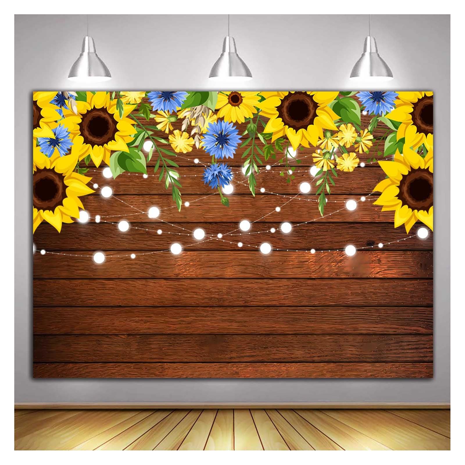 Rustic Sunflower Wooden Photo Banner 7x5ft Summer Floral Brown Wood